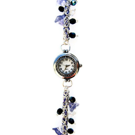 Chainmail and bead dress watch, purple flower petal beads, faceted black and crystal beads