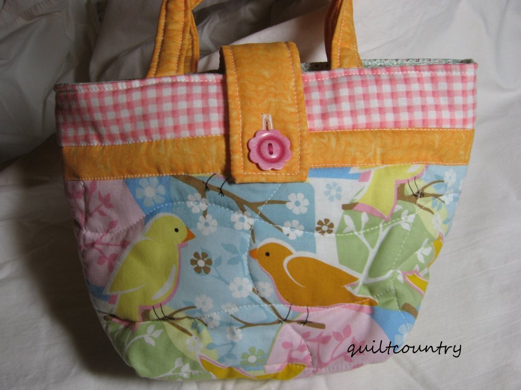 Girl's quilted purse, button closure, Leap pad tote, or lunch bag, toy bag, gift bag