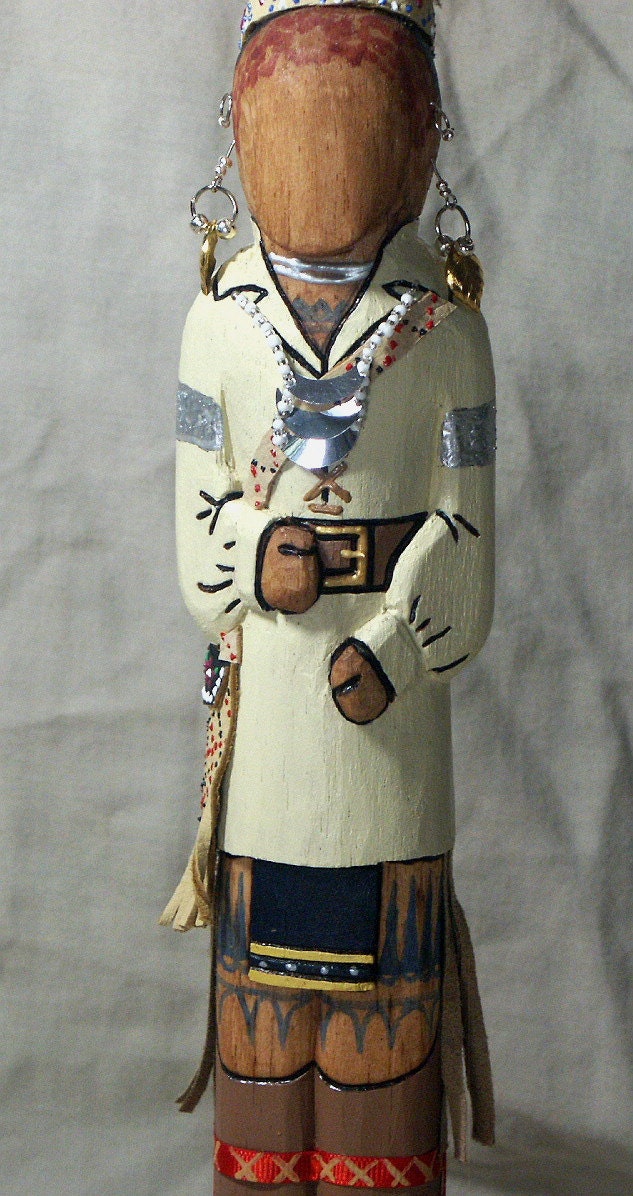 Iroquois Hunter Native American Indian 12" wood faceless art doll Brave history