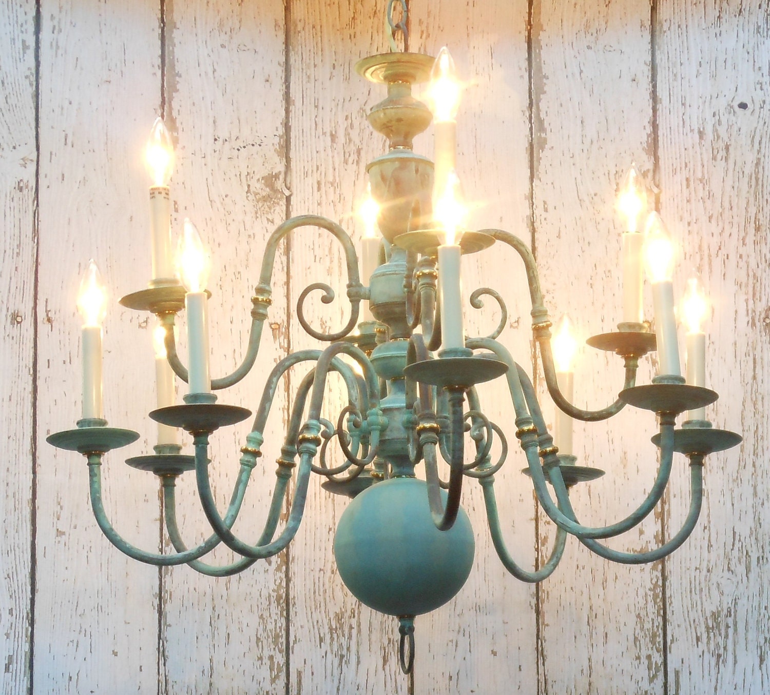 large chandelier / 12 arm / verdigris finish