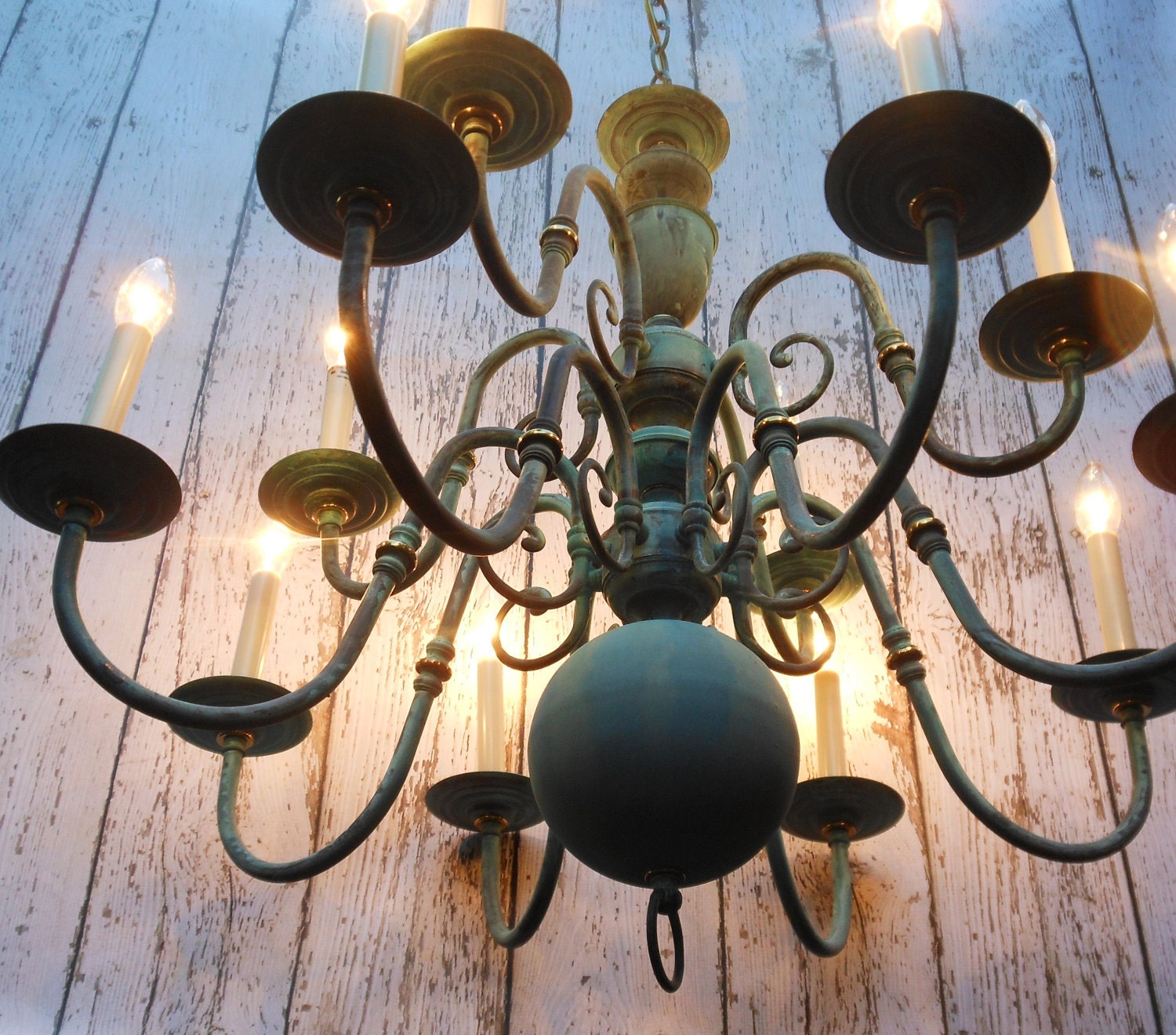 large chandelier / 12 arm / verdigris finish