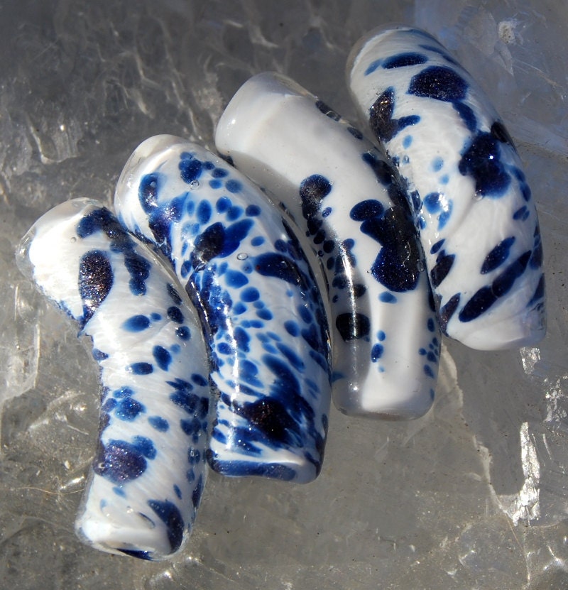 Glass Bead Navy Blue White Noodle Focal Bead 35x10mm Qty 3 - YayBeads