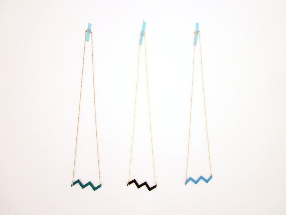 Amazon chevron necklace - geometric vintage enameled teal wave on a vintage brass chain - free shipping