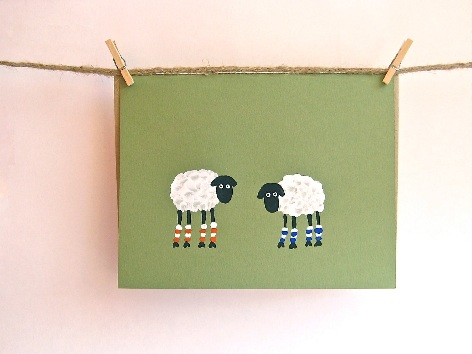 Loving Ewes -- Hand Painted Sheep in Leg Warmers -- White and Black Lambs on Green Card