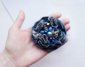 Chic Couture Denim Brooch, Flower to wear, Flower in hair, pearl and bohemian glass, one of a kind, OOAK