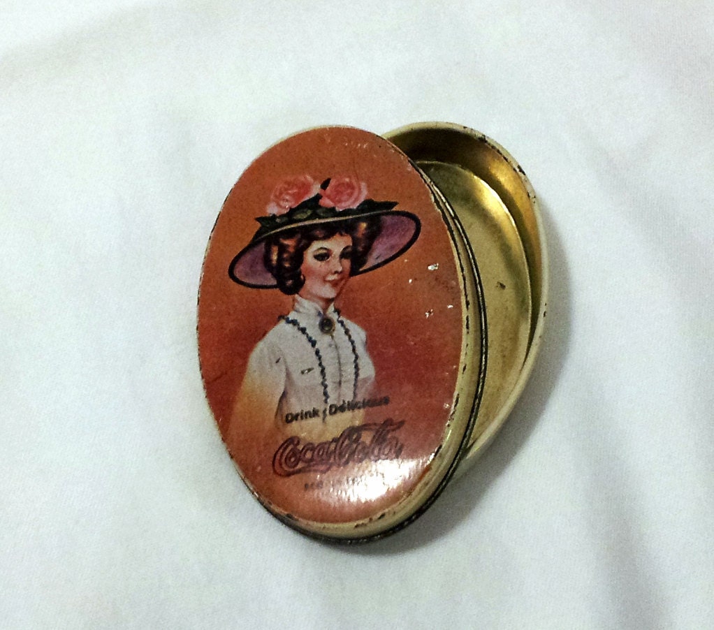 Coca Cola Advertising Tin Box 3"x2" Oval Retro Vintage Victorian Lady Hat