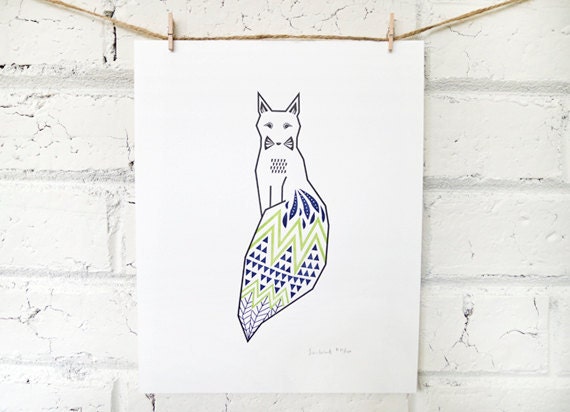 Letterpress Fox Print Color - 8x10 inches