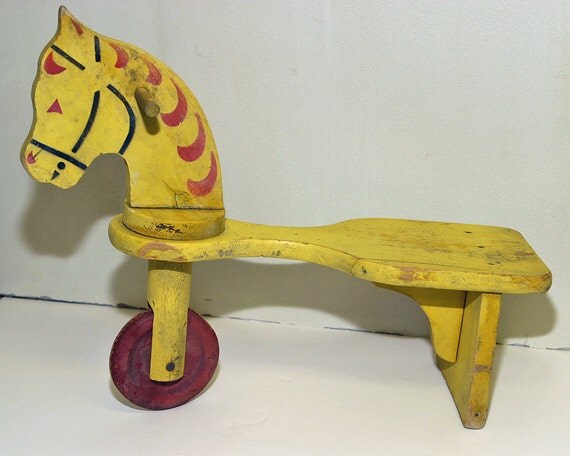 Vermont rare Farmstead Wooden Ride On Pull Horse All Hand Stenciled Vivid Graphics sweet decor for childs room