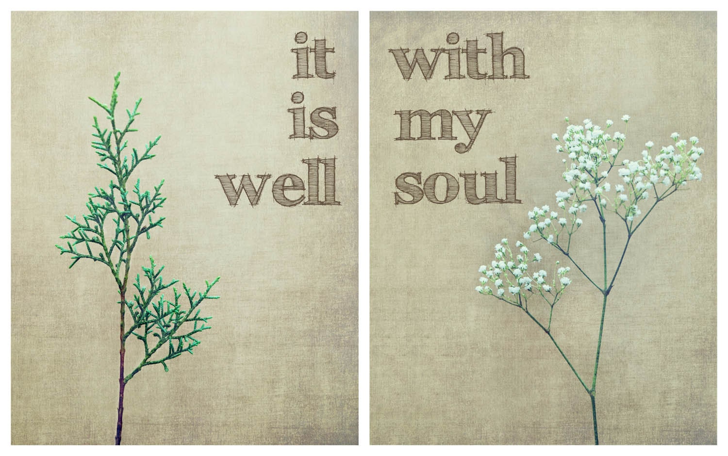 It Is Well With My Soul, Modern, Fresh, Neutral Tones, Babys Breath, Evergreen, Set Of Two 8"x10" Fine Art Prints