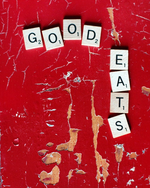 Scrabble Art, Kitchen and Dining Room Decor, Red Distressed, 8"x10" Fine Art Print
