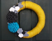 Fabric Flower Wreath: Yellow, Teal, Black and Gray- Yarn Wreath with Felt Flowers Wreath