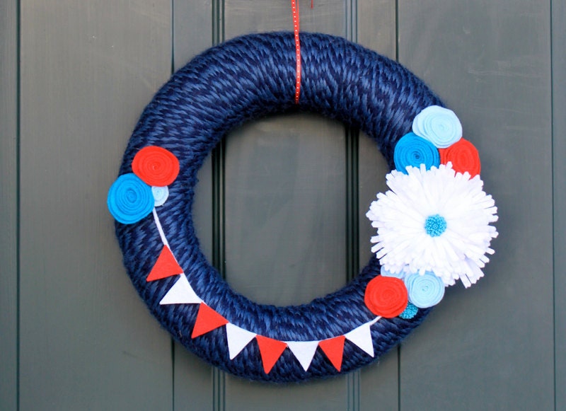 Patriotic Wreath, Nautical Wreath, Red, White & Blue Flower with Bunting 12" Yarn Wreath