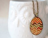 Chevron Fabric Pendant Necklace with Lace, Boho Chic Pendant