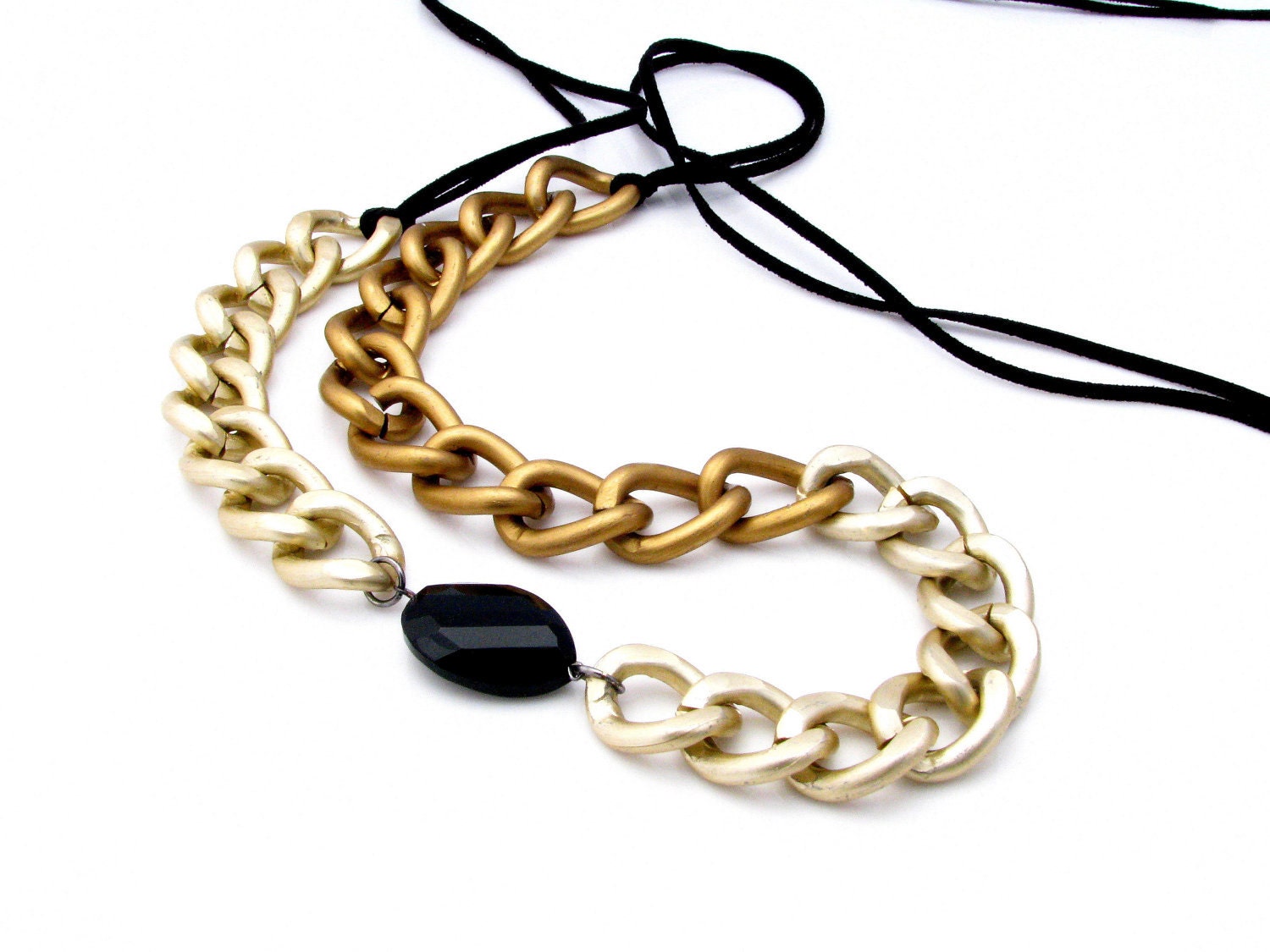 Gold Chain Necklace Black Leather Statement Necklace: La Lumina