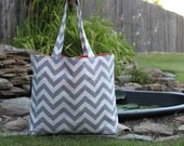 XX-LARGE gray and white chevron stripe zigzag Beach Bag/ Diaper Bag/ Purse/ Tote with Orange Interior