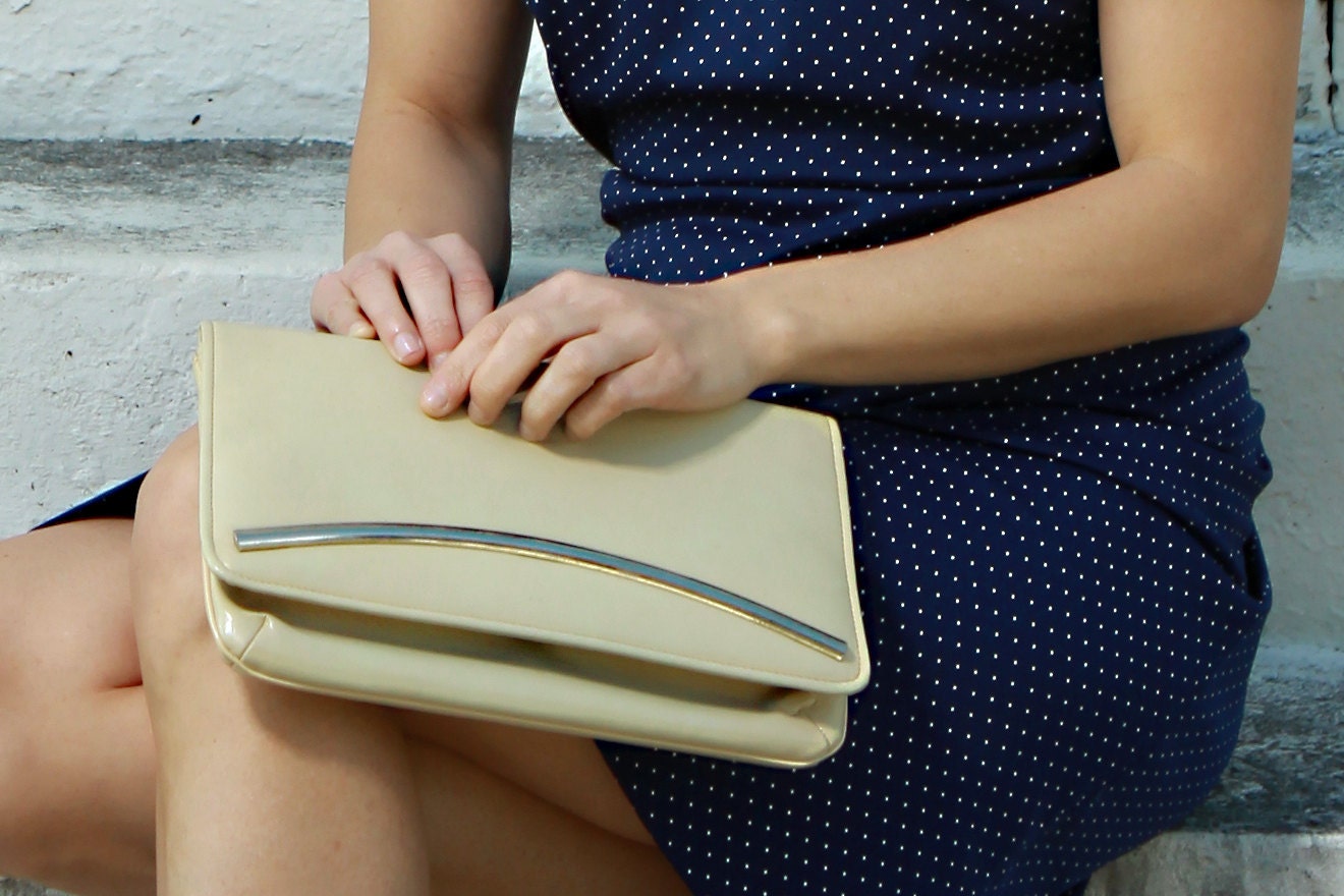 Vintage Creme colored Clutch with SIlver Metal Trim