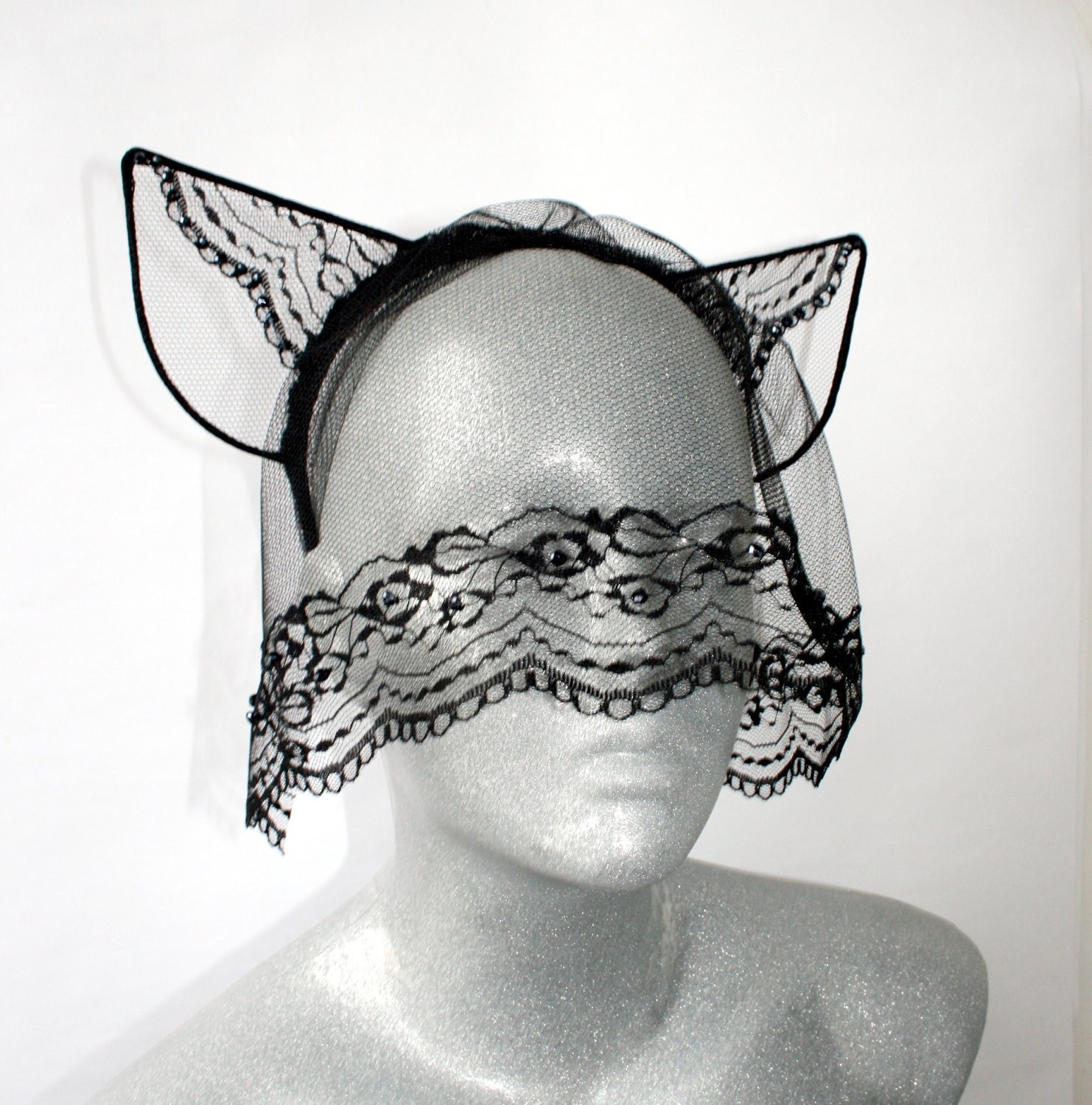 Black lace cat ears headband - Made to order