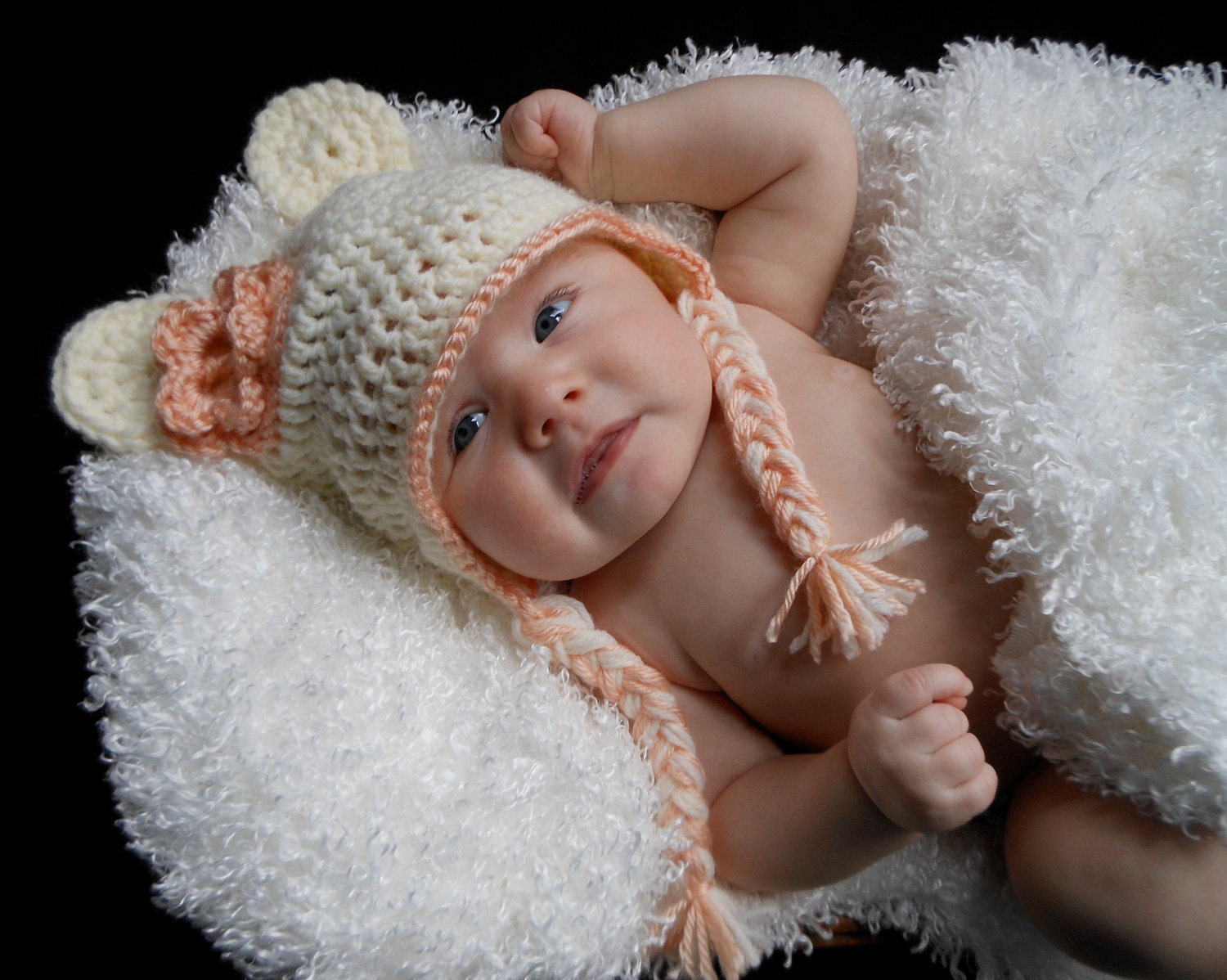 Baby Bear Ear Flap Hat with Flower in Cream and Light Pink for Baby Girls Ages Ages 0-3 Months