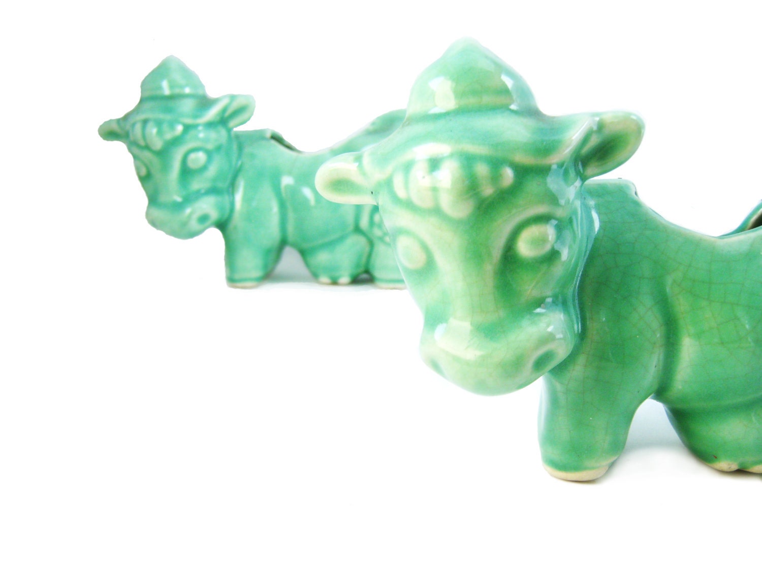 Pair of 1940s Blue Green Cow Planters / Kitschy / Cows Wearing Hats / Cow Figurines