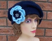 Handknitted Classical Beret With Detachable Crochet Flower Brooch - Navy Blue, Women Beanie, Vintage Style