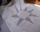 REDUCED  Big Vintage Pink and Gray Star Quilt with Embroidery
