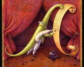 Antediluvian-- signed archival art print of dinosaur in Regency attire, writing a calligraphic letter, inkspots, curious art, letter A