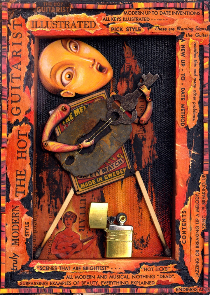 Hot Guitarist-- signed archival art print of guitar player with keyhole, key, lighter, burnt matches, collage, curious art