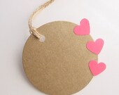 Kraft Tags with Three Pink Heart Cutouts (Set of 6)-Wedding-Valentine-XOXO-Kraft-Gift-Paper Goods-Circle-Red-Purple-Love