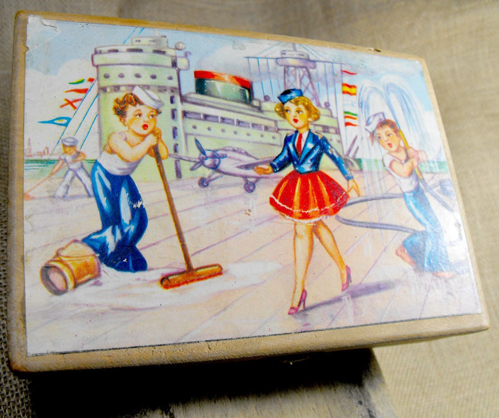 Customized old wood box with port scene. Two boys and a sailor lady. Very cute