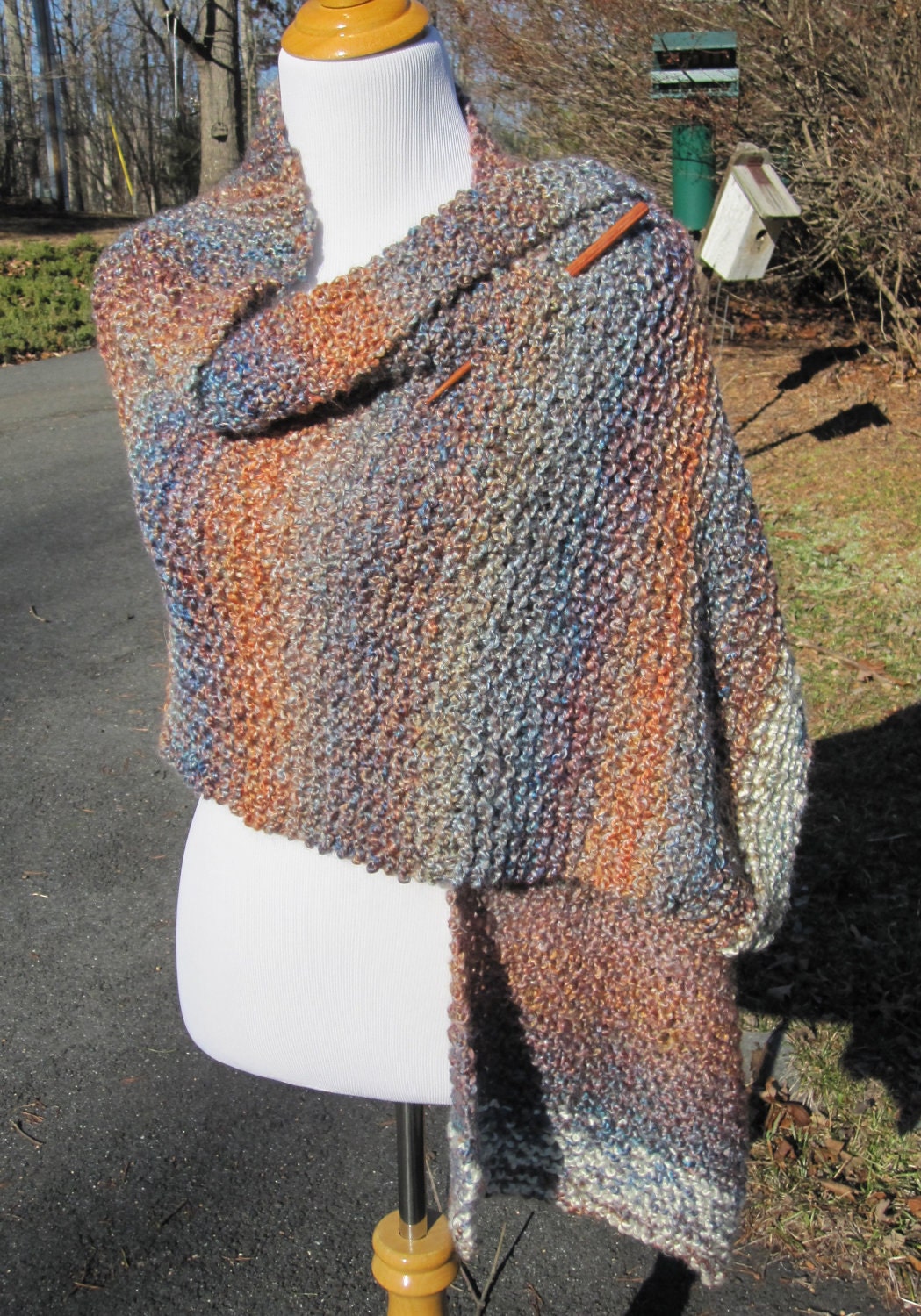 Blue / Orange Striped Homespun Knit Shawl