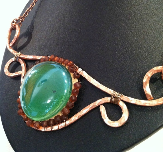 Green Beaded Cabochon and Hand Hammered Copper Scroll Necklace