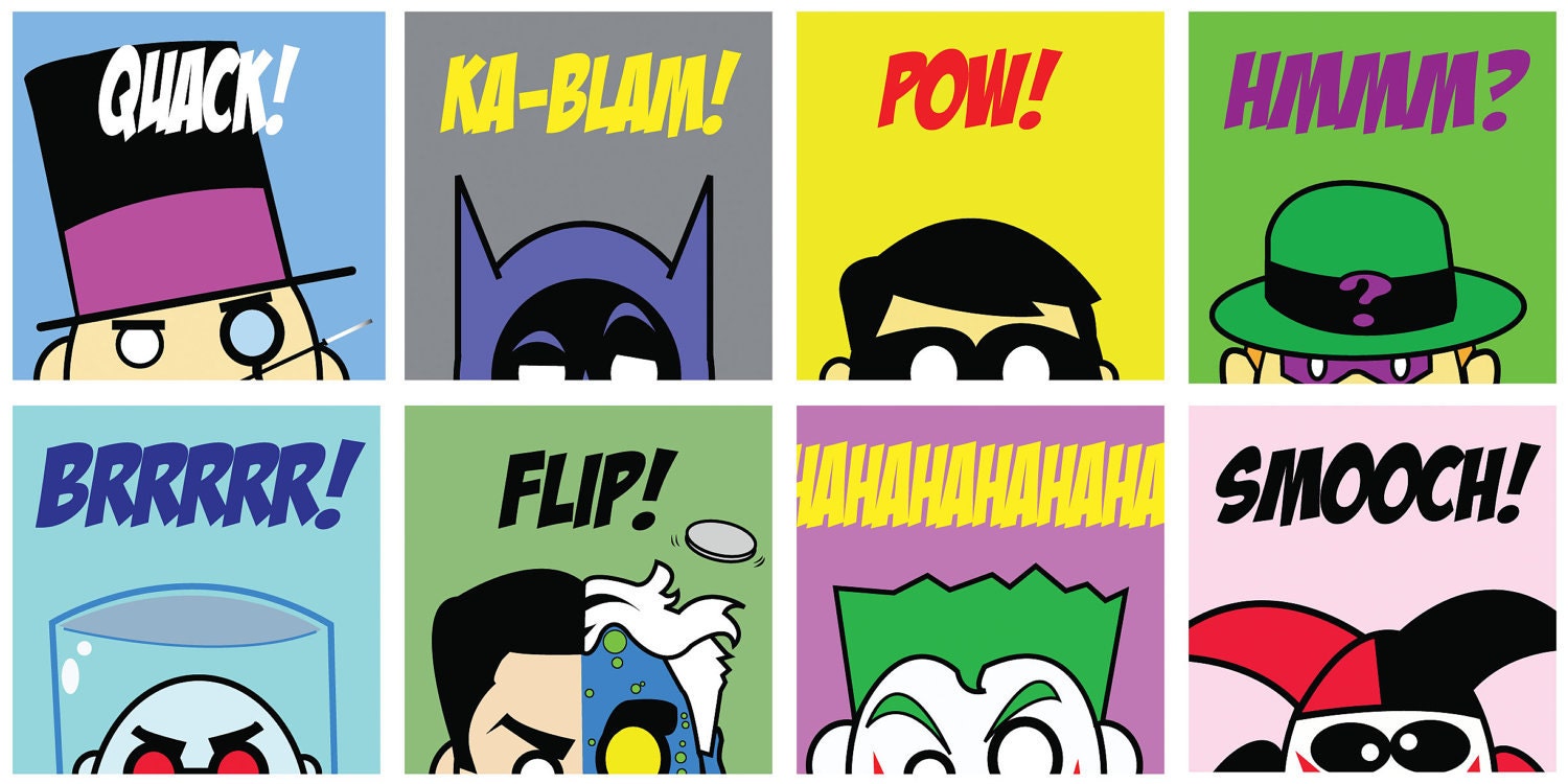 Gotham City Hero Squares - Original Batman Artwork - Set of 8  8.5" x 8.5" original prints Robin Joker Riddler Harley Quinn