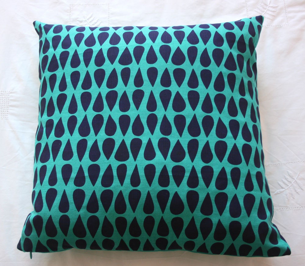 Wobbly drop in purple on Jade - handprinted cushion cover