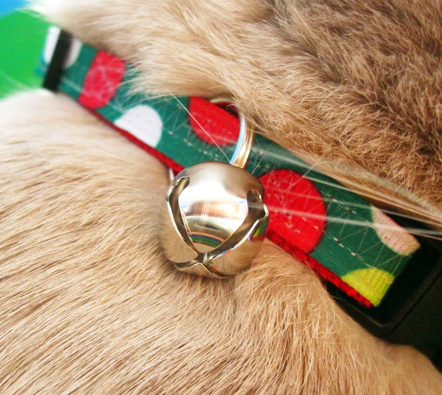 Breakaway Cat Collar Free Shipping Green and Red Circles with a Jingle Bell