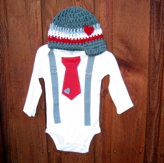 Get the Set - Valentines Day Boys Grey and Red Tie Onesie with Suspenders and Crocheted hat - Size NB to 12 Years