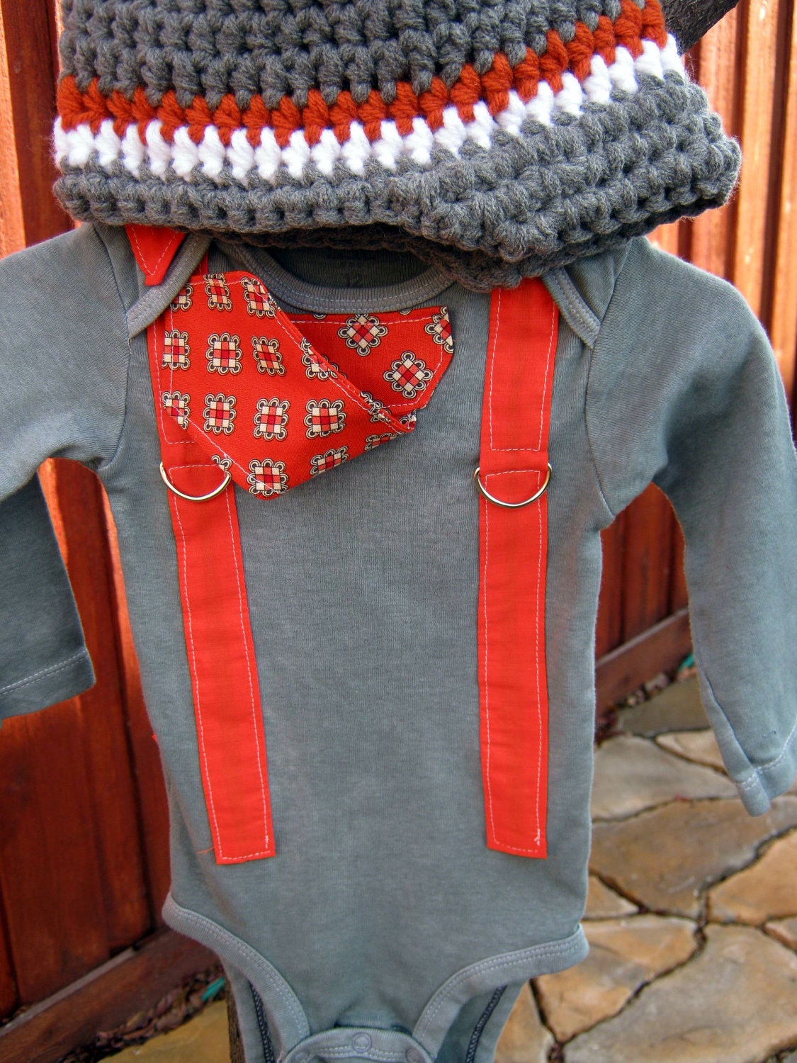 Get The Set - Tangerine and Grey Tie Onesie or Shirt with Suspenders (front and back) and Visor Crocheted Hat