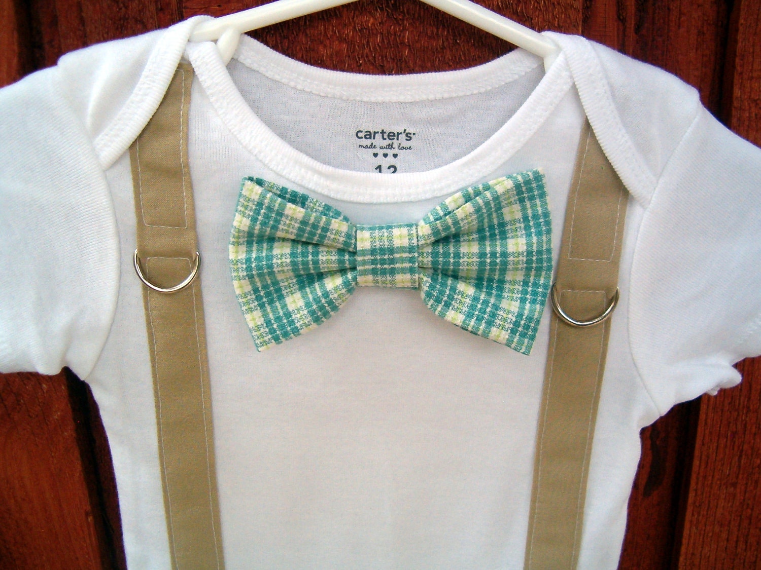 Baby Boy Bowtie & Suspender Onesie or shirt- Blue and Green Plaid - NB to 12 Years - or pick your own