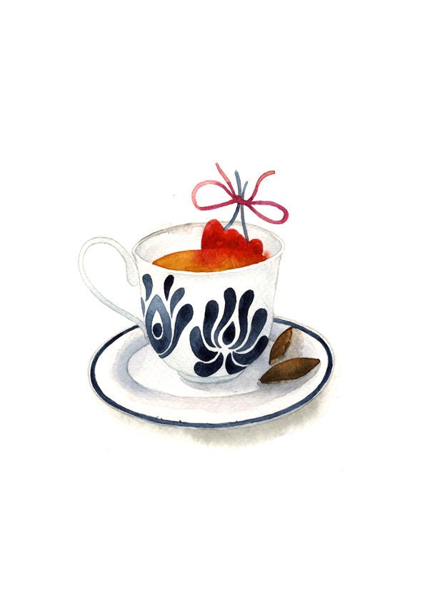 Tea Cup Kitchen Watercolor Illustration Print Heart Ribbon Hungarian Folk Pattern - BarbaraSzepesiSzucs Tea Cup Kitchen Watercolor Illustration Print Heart Ribbon Hungarian Folk Pattern - BarbaraSzepesiSzucs
