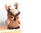 amigurumi owl, crocheted stuffed toy, animal doll, cuddly and cutie bird, gift for children and adults, brown and orange unique