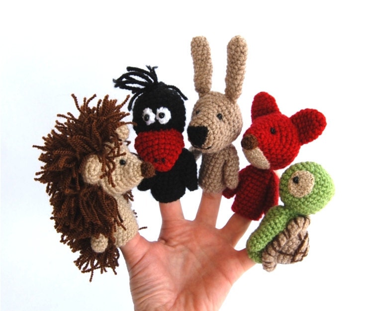 5 finger puppet birthday party crocheted hedgehog crow bunny or rabbit fox turtle spring amigurumi woodland handmade animals, tiny amigurumi