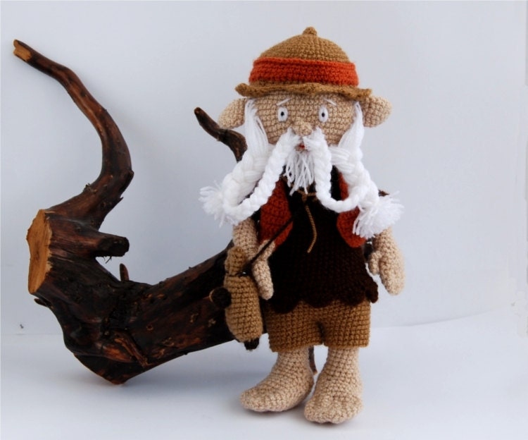 OOAK, crocheted art doll, amigurumi gnome, stuffed fairy figure, collectible human doll, soft sculpture figurine, beige, chocolate brown