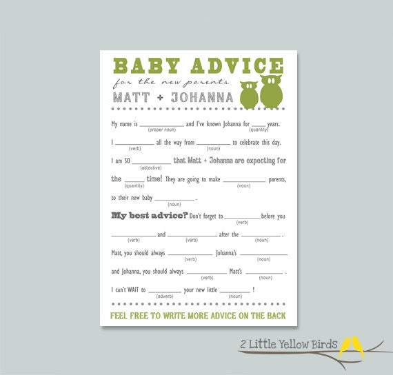 Baby Shower Advice Card - Mad Libs (Little Owls)
