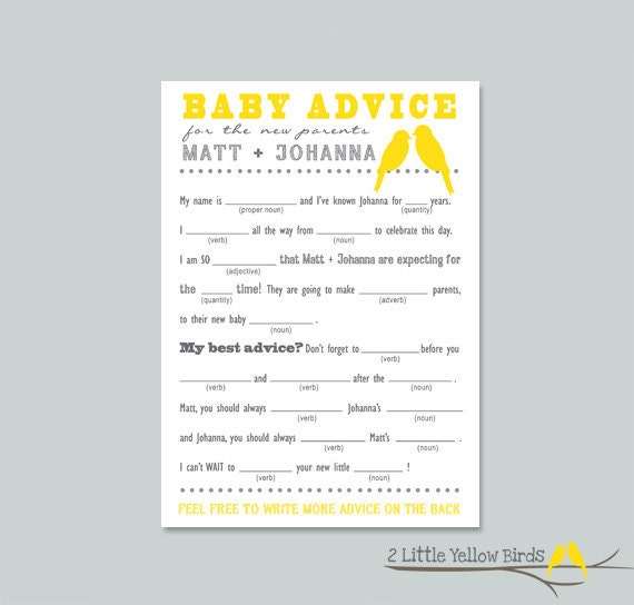 Baby Shower Advice Card - Mad Libs (Yellow Birds)