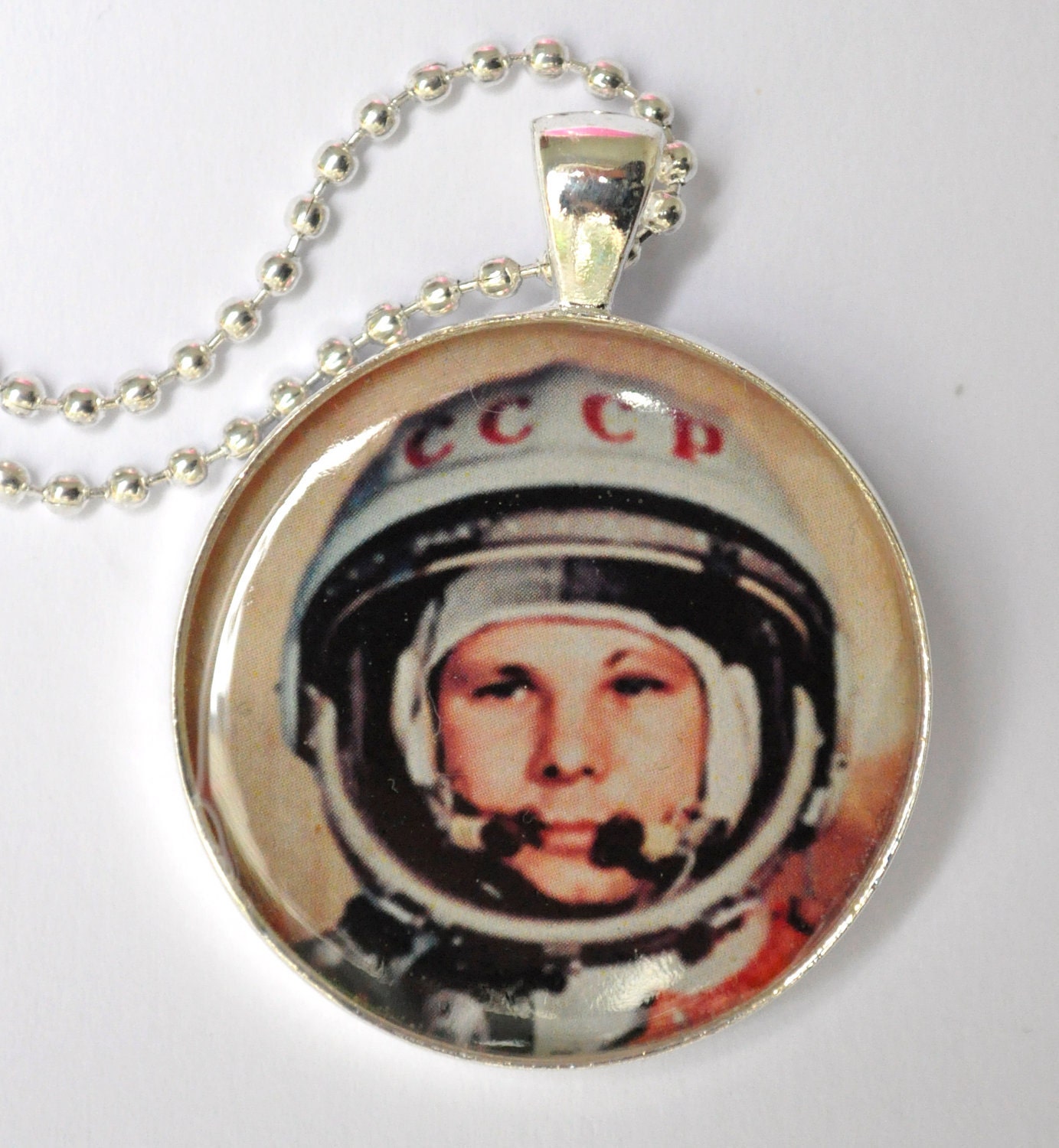 Yuri Gagarin First Man in Space. Pendant Necklace. Resin Jewelry. Silver Plated.