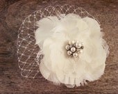 Bridal Clip - Ivory Lace Flower with Birdcage Netting