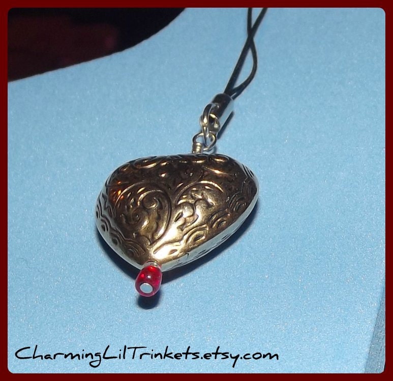 Cell Phone/DS Charm - Gold Heart with Red accents