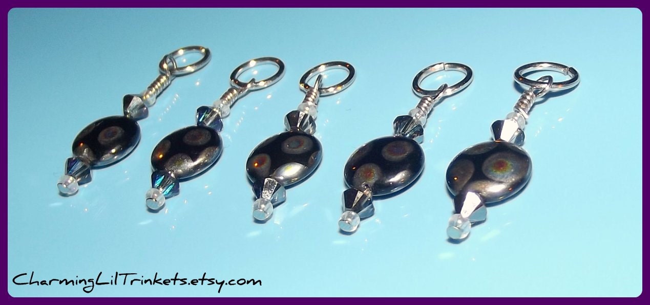 Stitch Markers - Oil Slick Coins with Heliotrope Swarovski Crystals - Set of Five