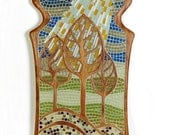 One of a kind art, 7 ft sculptural mosaic, hand-carved African Mahogany and glass tile