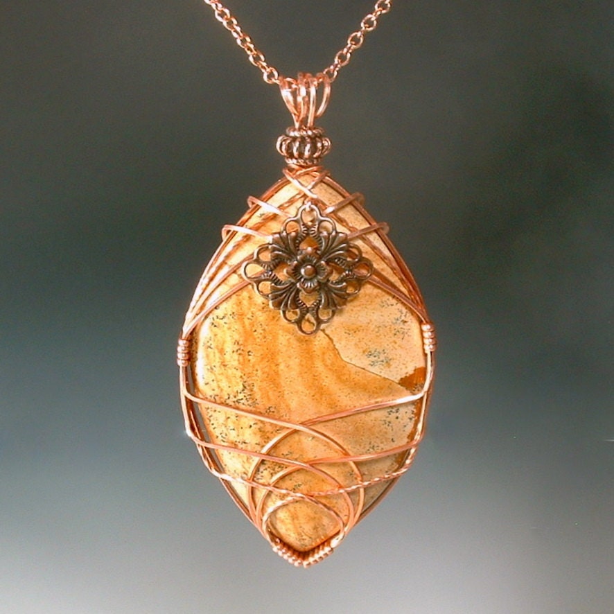 Cream and Brown Picture Jasper Marquise Wire Wrapped Pendant in Copper