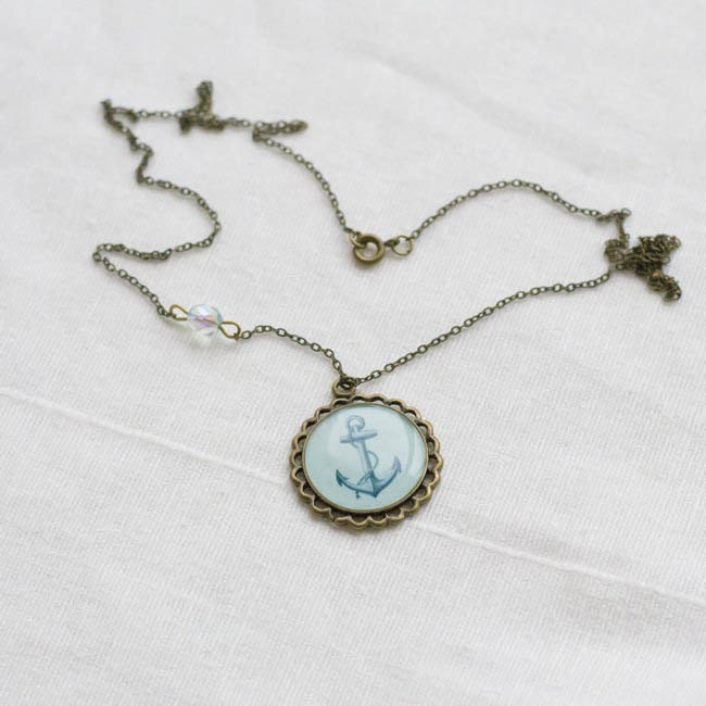 Necklace with a navy anchor on mint background - blue anchor, blue and green